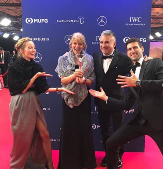 Dijana Djokovic with her husband, Srdan Djokovic, son, Novak Djokovic, and daughter in law, Jelena Ristic.